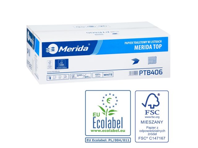 MERIDA TOP toilet paper in sheets, white, V-folded, carton 9000 pcs. (40 packs of 225 pcs.), 2-ply, cellulose, whiteness 84%, ECOLABEL